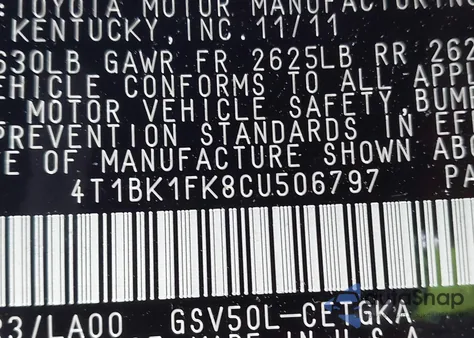 2012 Toyota Camry Xle V6 z USA, uszkodzony, nr VIN 4T1BK1FK8CU506797